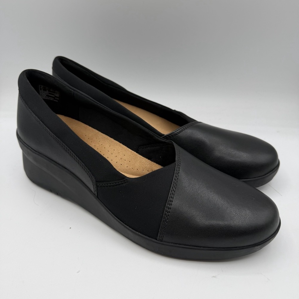 Clarks Suttyn Walk Wedge Shoes Womens Sz 11 M Black Leather Slip On Comfort